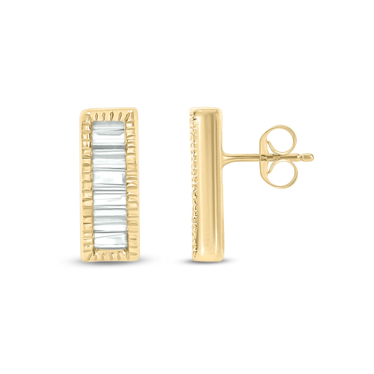 14K Gold Bar Stud Earrings With Baguette Diamonds