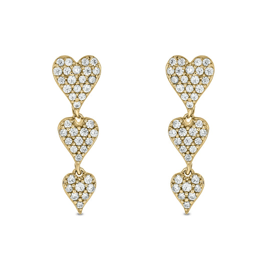10KT Gold Stunning Triple Heart Diamond Drop Earrings