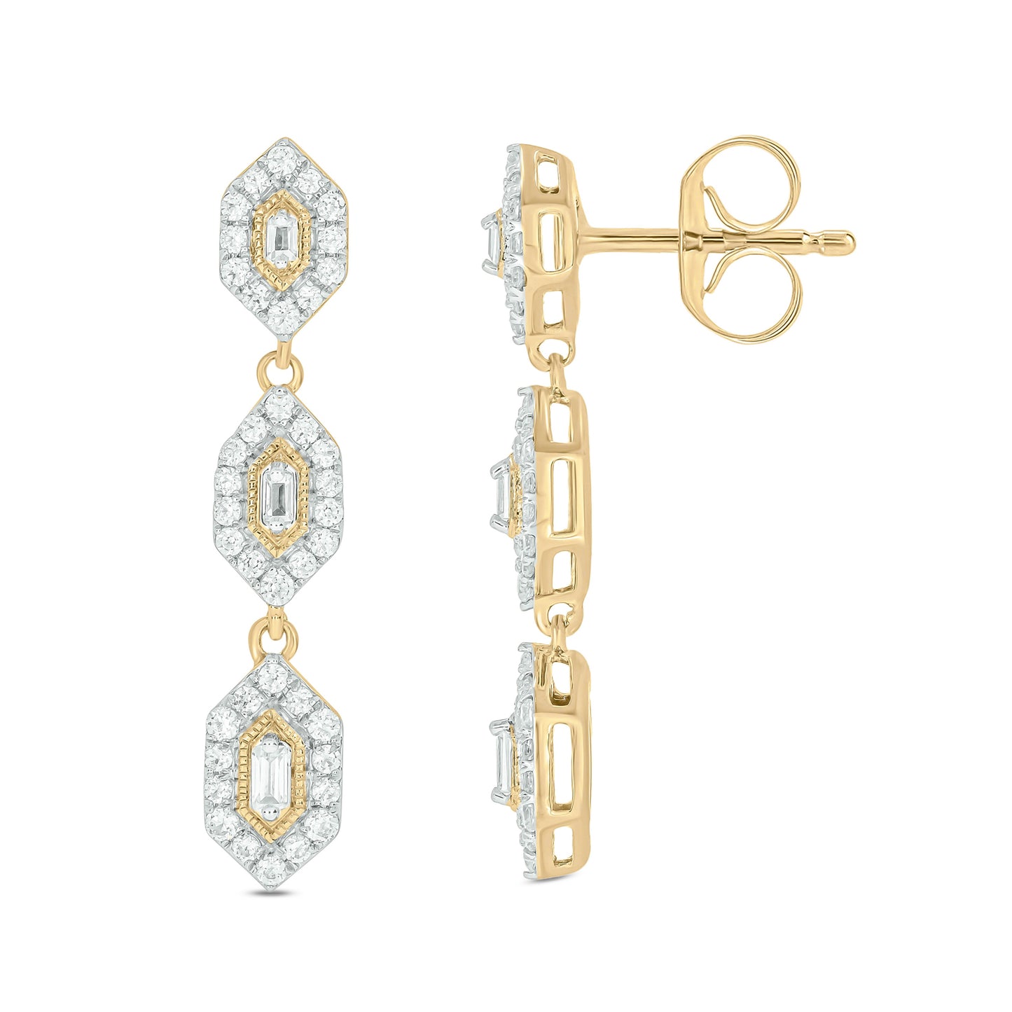 10KT Gold  Round & Baguette Diamond Studded Drop Earrings