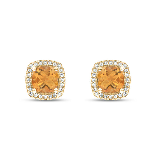 Cushion Shaped Citrine & Diamond Stud Earrings in 10K Gold