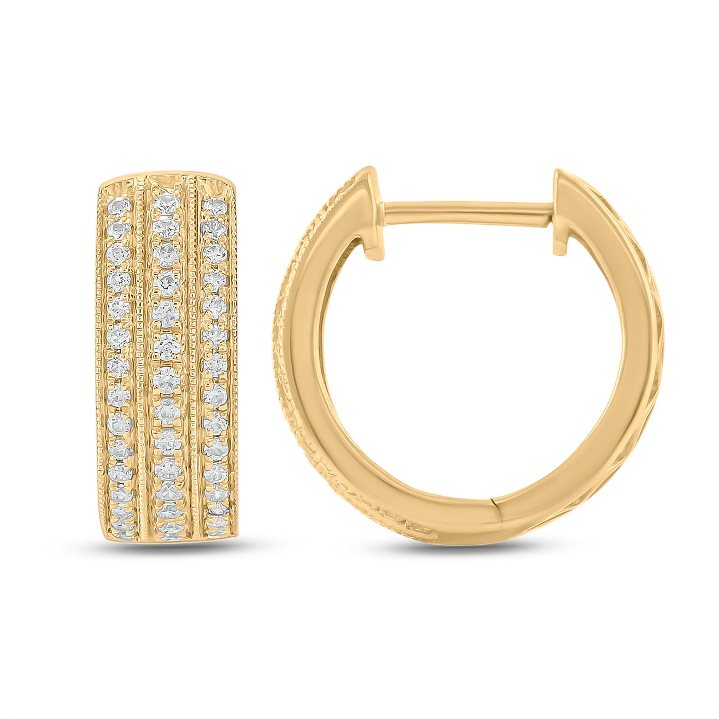 10K Gold Triple Row Diamond Hoop Earrings