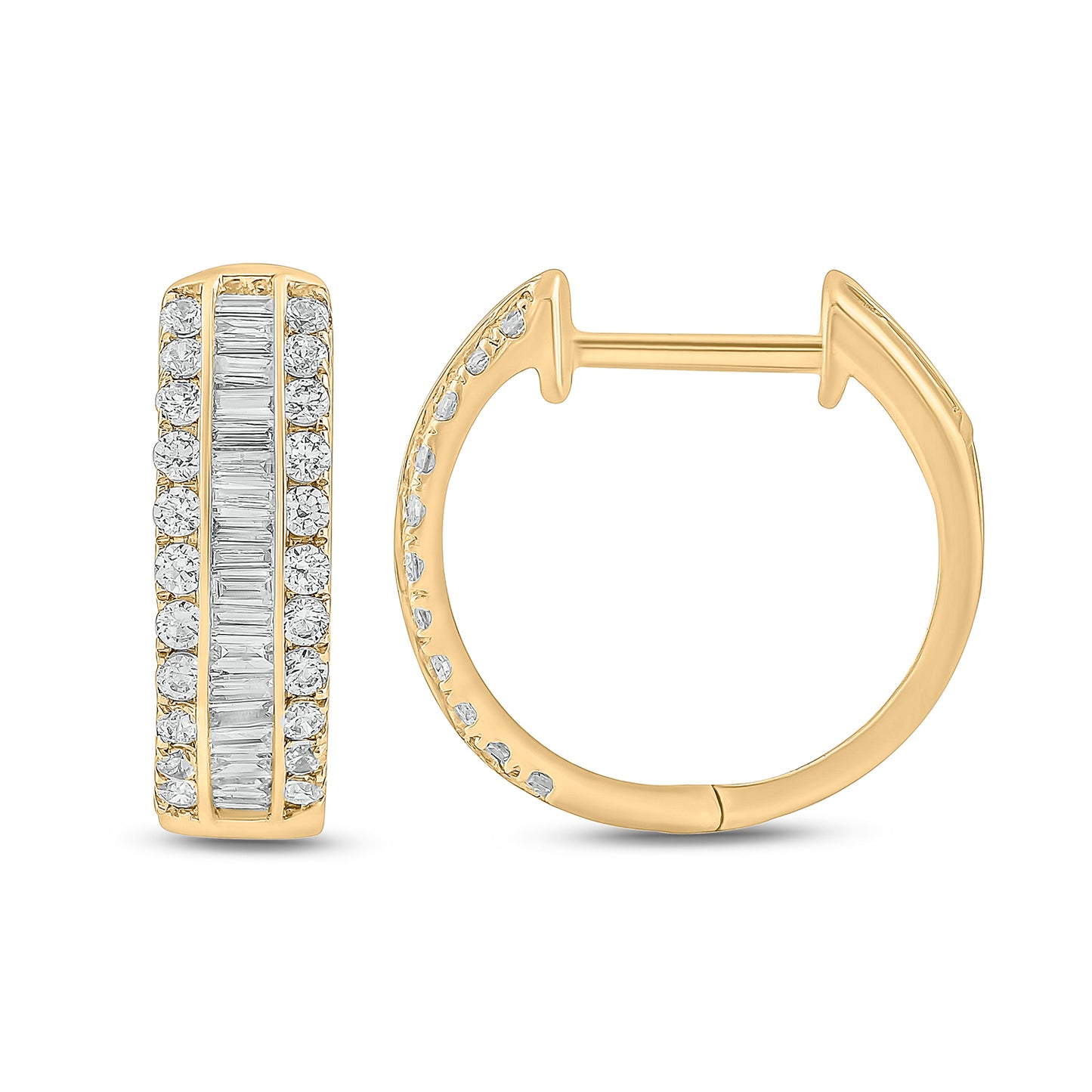 10K Gold Round Baguette Round Diamond Hoop Earrings