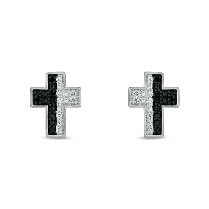 14KT Gold & Black Diamond Men's Cross Stud Earrings