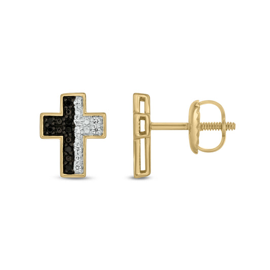 14KT Gold & Black Diamond Men's Cross Stud Earrings