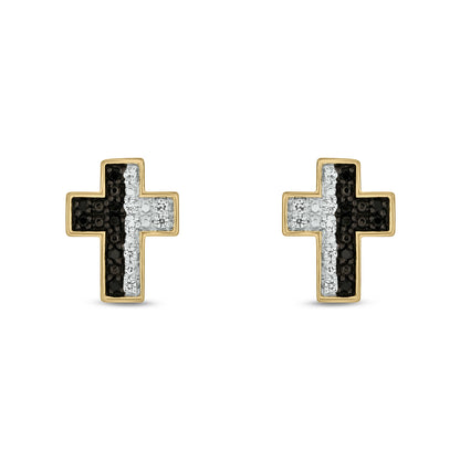 14KT Gold & Black Diamond Men's Cross Stud Earrings