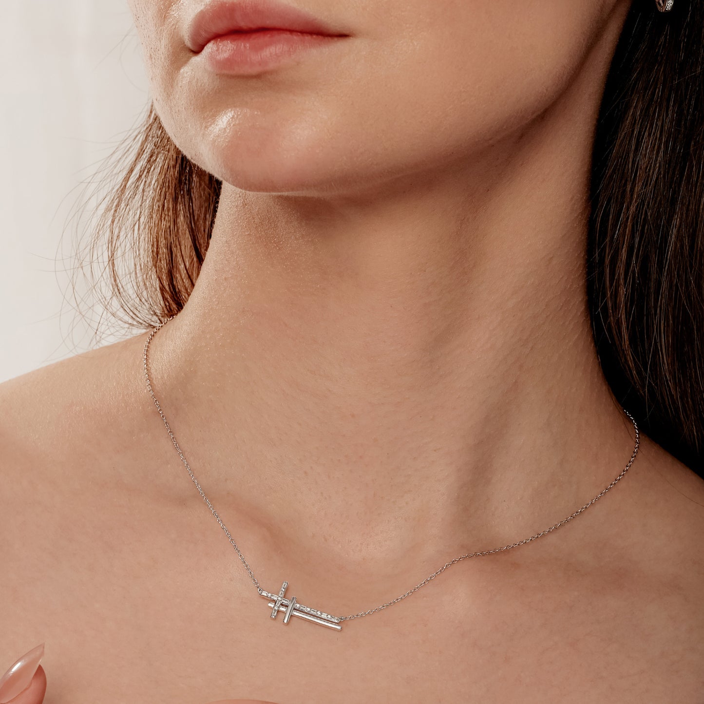 Diamond Horizontal Double Cross Pendant Necklace