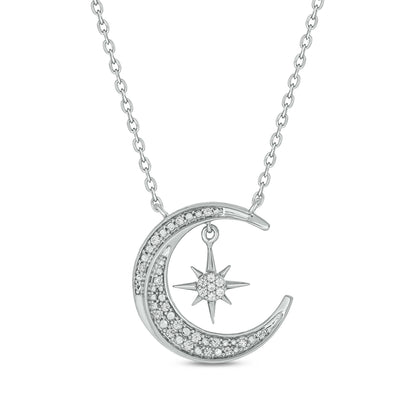 Dreamy Moon & Star Necklace in 925 Sterling Silver, Natural Diamonds