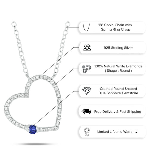 Diamond & Blue Sapphire Heart Pendant in 925 Sterling Silver