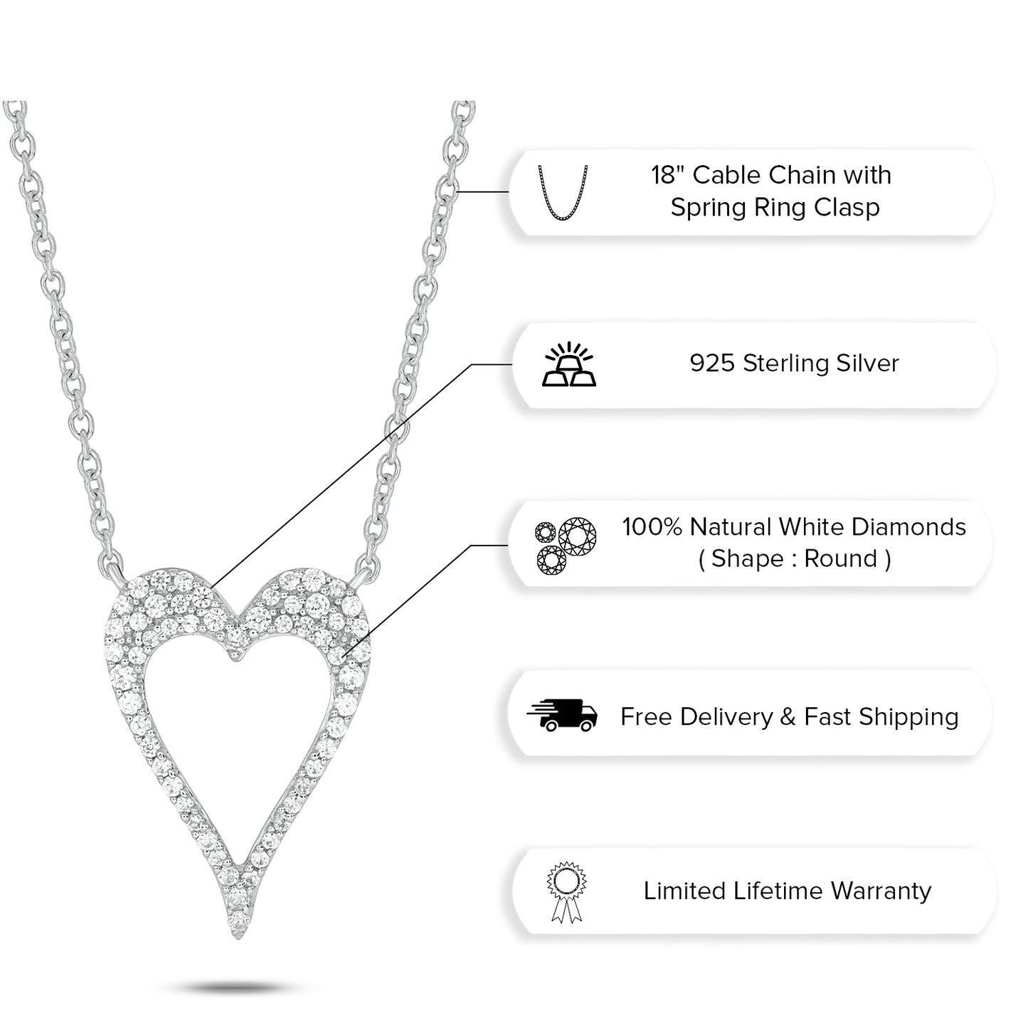 Dainty Beautiful Unique Heart Diamond Necklace in 925 Sterling Silver