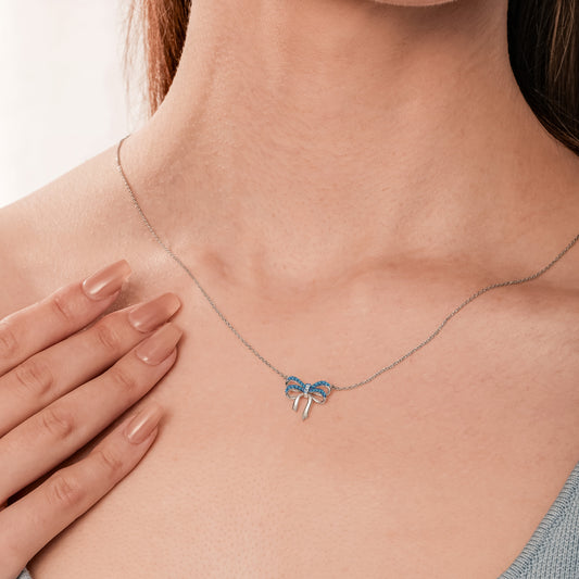 Diamond Bow Necklace in 925S Sterling Silver In Blue Diamond