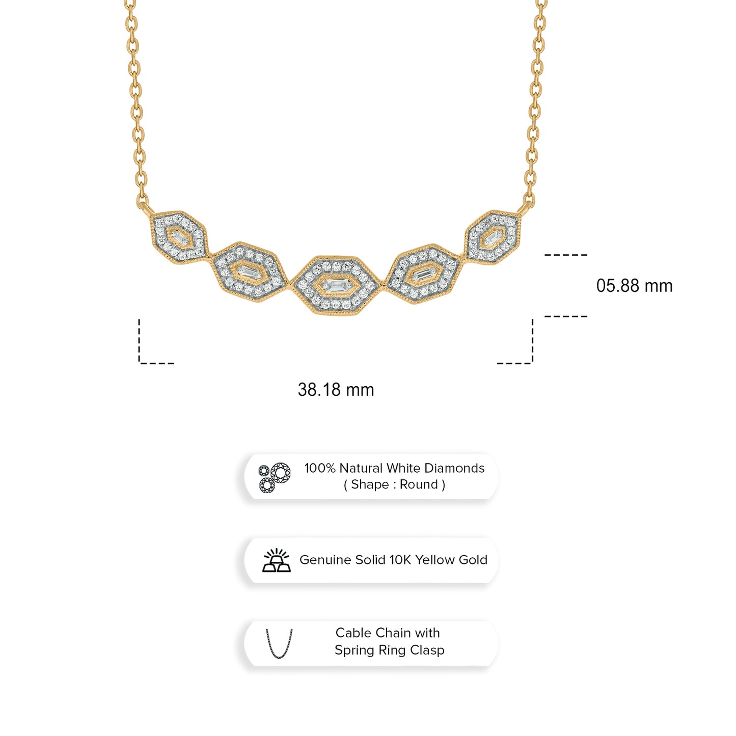 10KT Gold Round & Baguette Diamonds Dainty Necklace