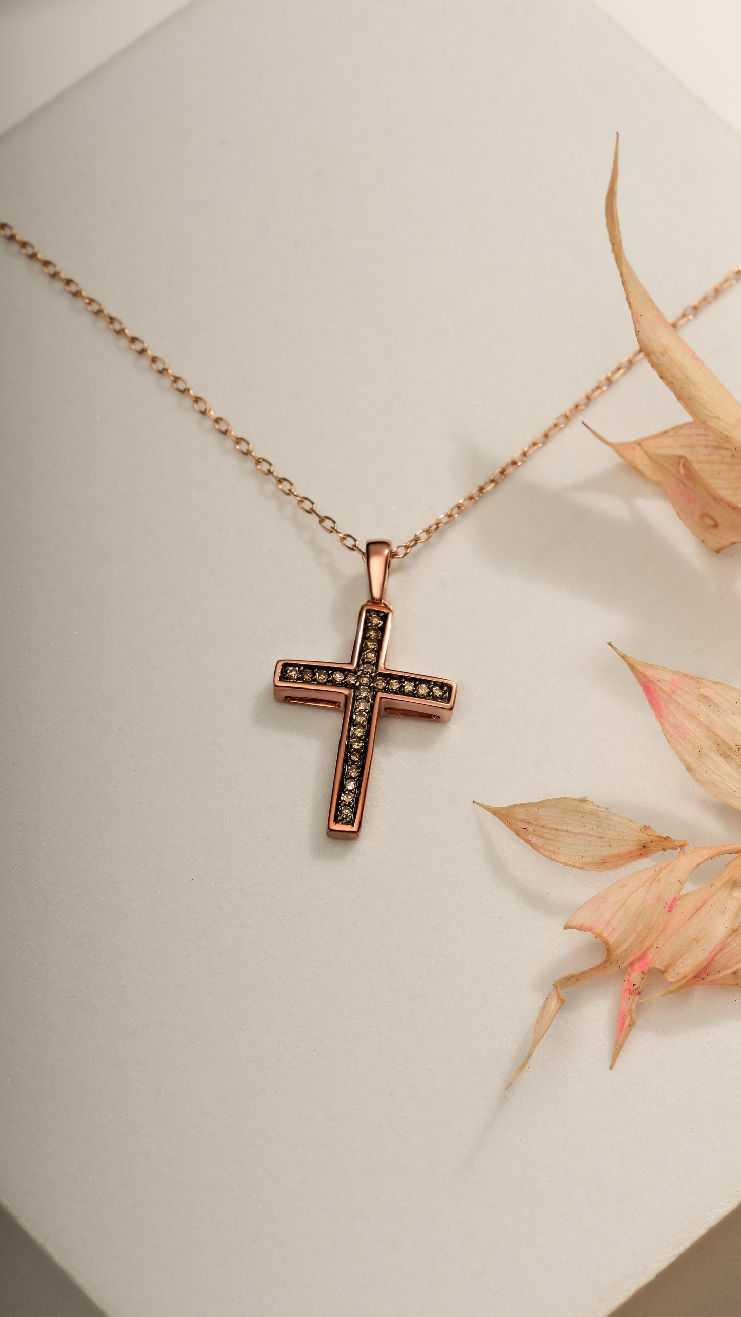 10KT Rose Gold Cross Pendant with Champagne Diamonds