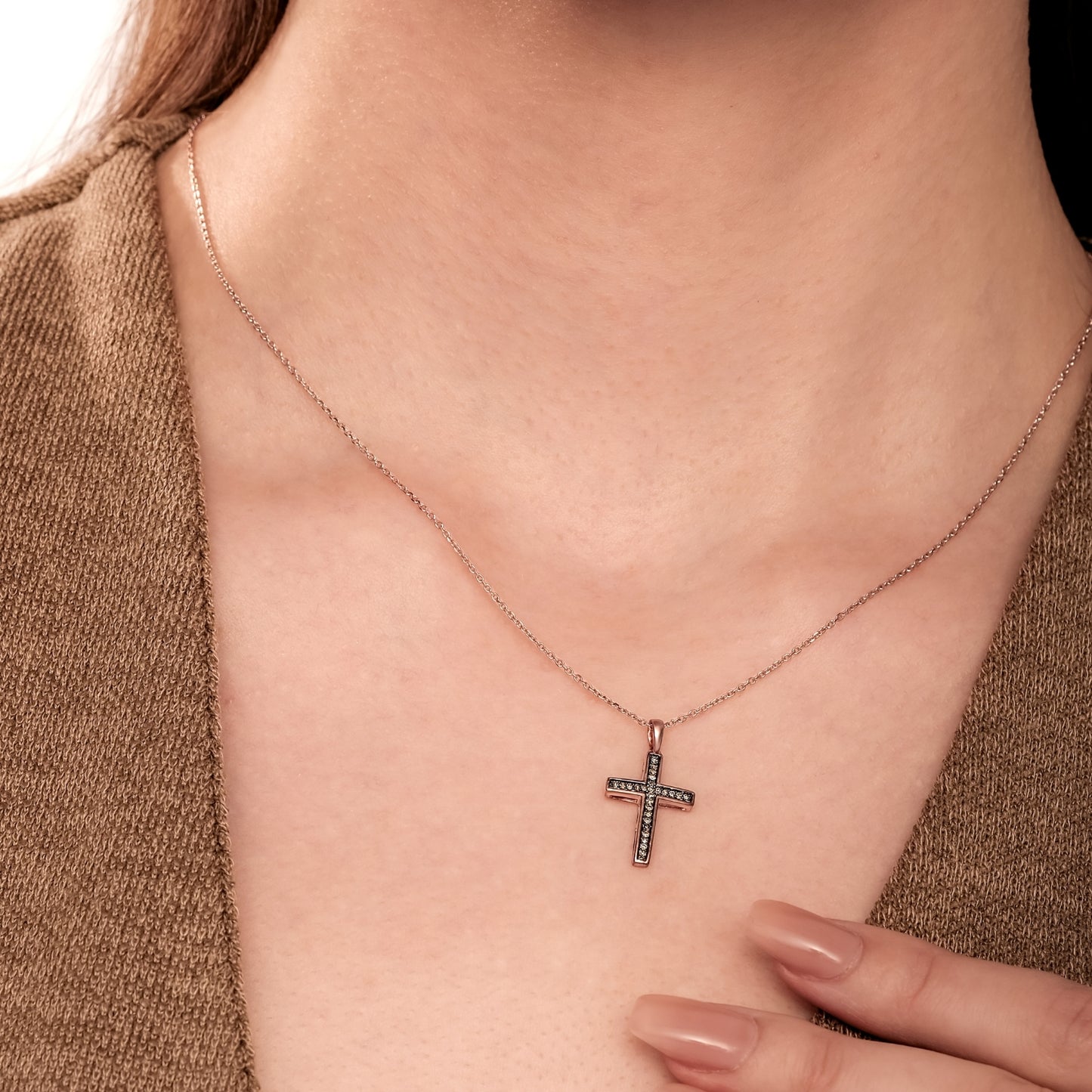 10KT Rose Gold Cross Pendant with Champagne Diamonds