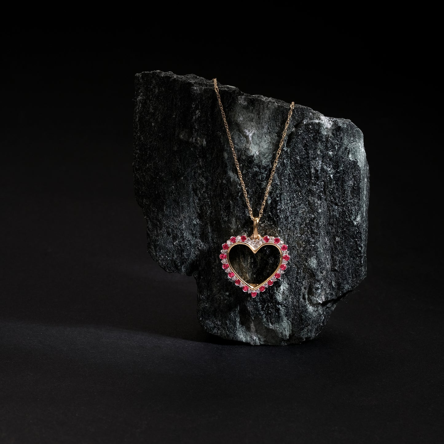 Sparkling Gold Plated, Diamond & Ruby Heart Necklace in Sterling Silver