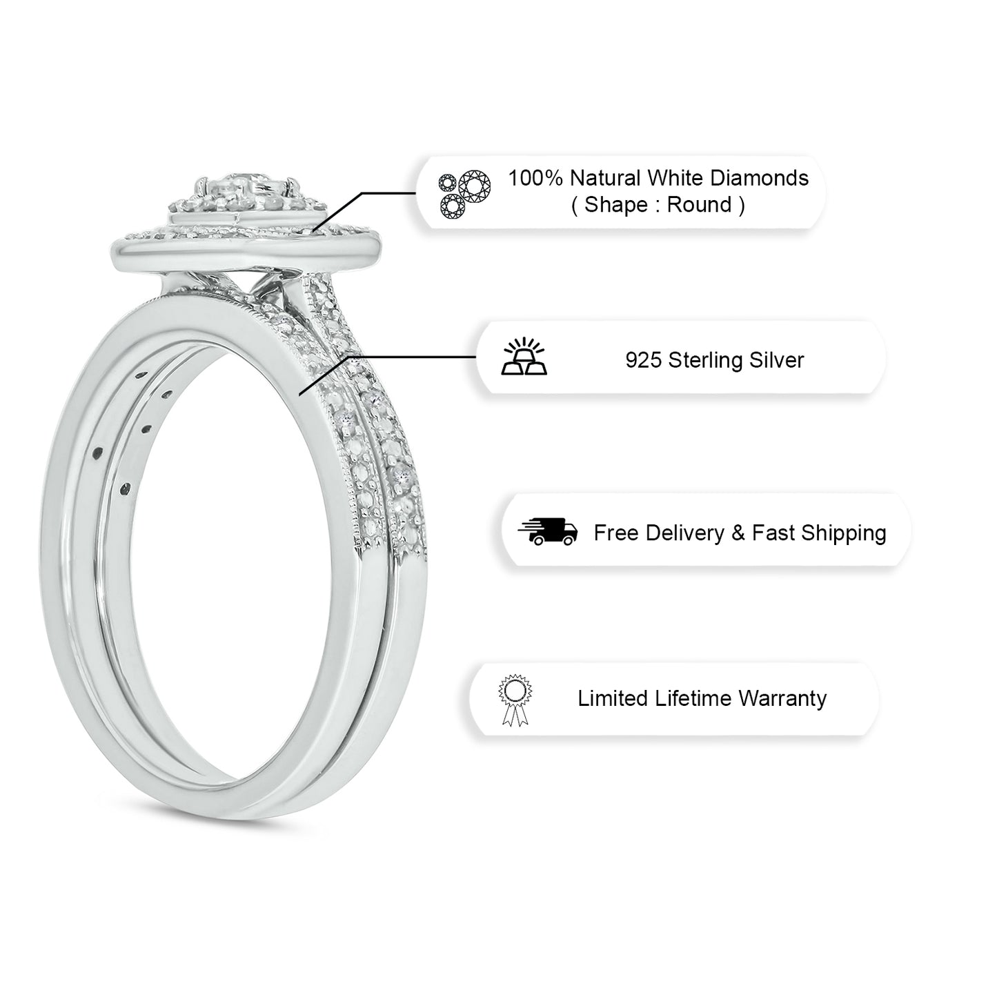 Luxurious Cushion Bridal Ring Set in 925 Sterling Silver & Natural Diamonds