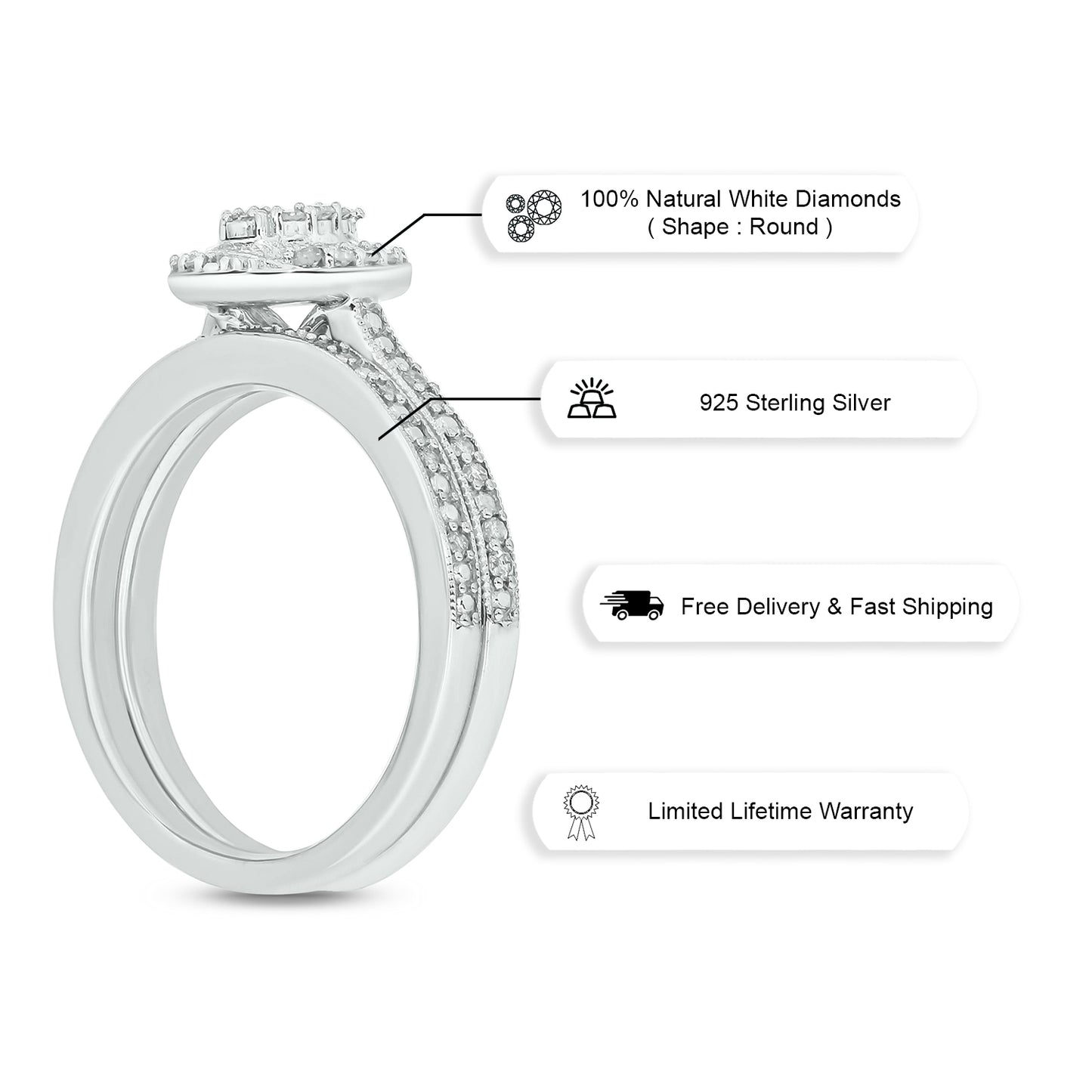 Exquisite Oval Bridal Ring Set in Sterling Silver, Authentic Natural Diamonds