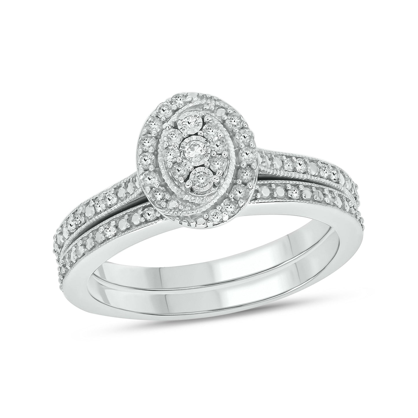 Exquisite Oval Bridal Ring Set in Sterling Silver, Authentic Natural Diamonds