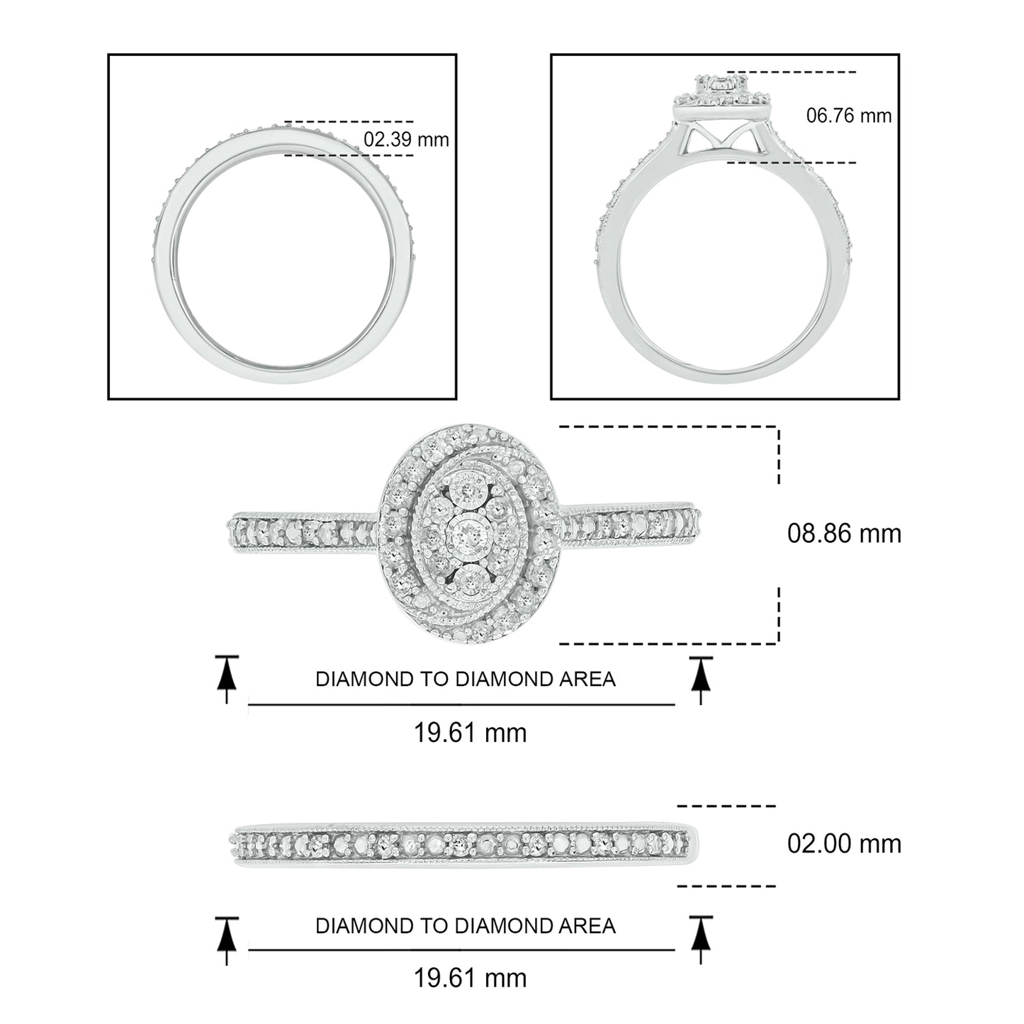 Exquisite Oval Bridal Ring Set in Sterling Silver, Authentic Natural Diamonds