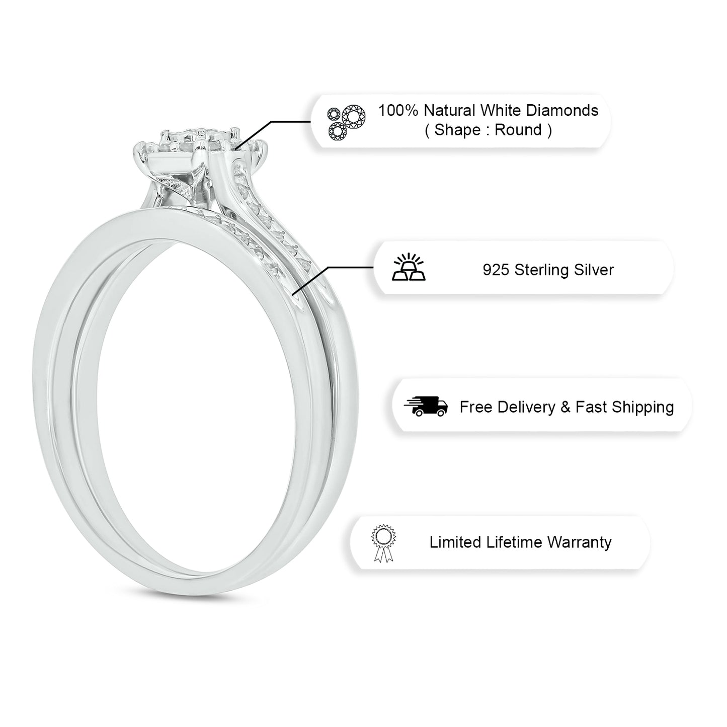 Classic Round Bridal Ring Set in Sterling Silver, Authentic Natural Diamonds