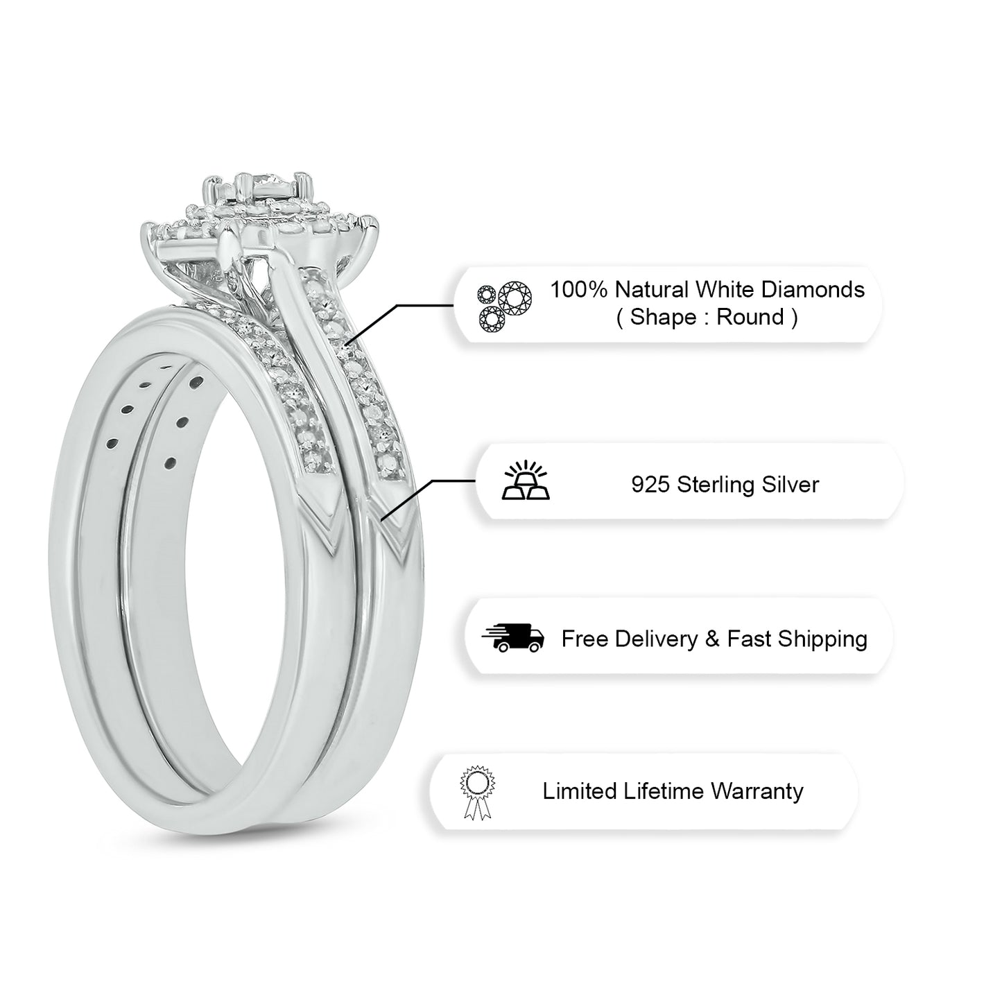 Round Brilliance Bridal Ring Set in Sterling Silver, Authentic Natural Diamonds