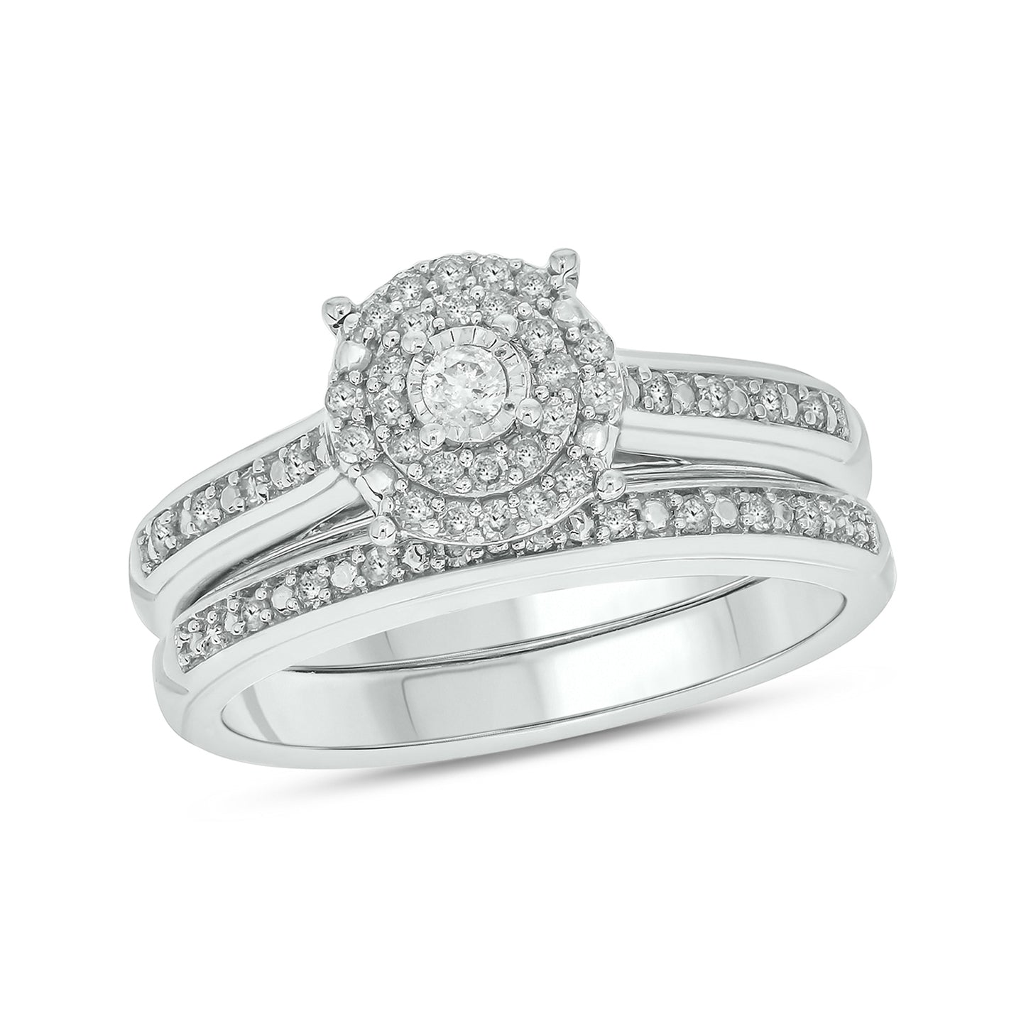 Round Brilliance Bridal Ring Set in Sterling Silver, Authentic Natural Diamonds