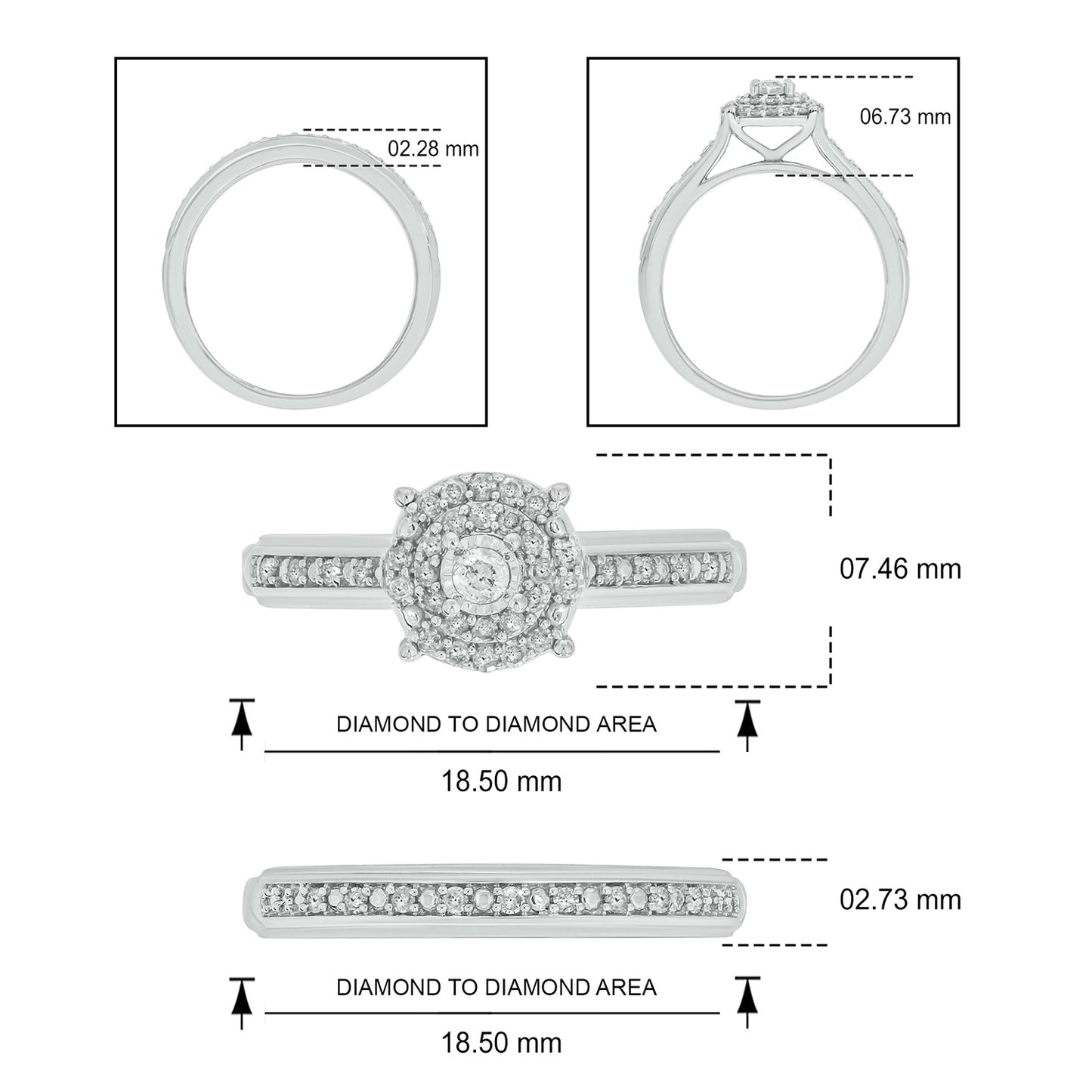 Round Brilliance Bridal Ring Set in Sterling Silver, Authentic Natural Diamonds