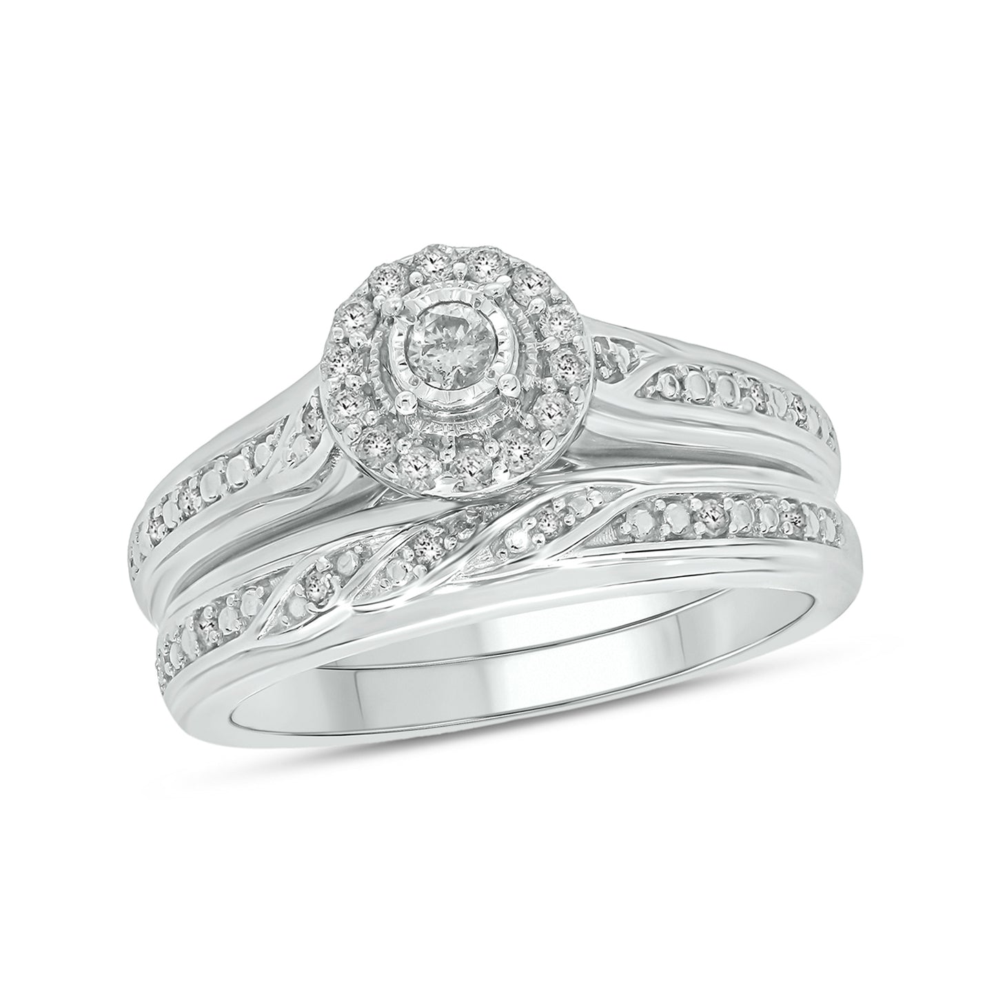 Exquisite Wedding Ring Set in Sterling Silver, Authentic Natural Diamonds