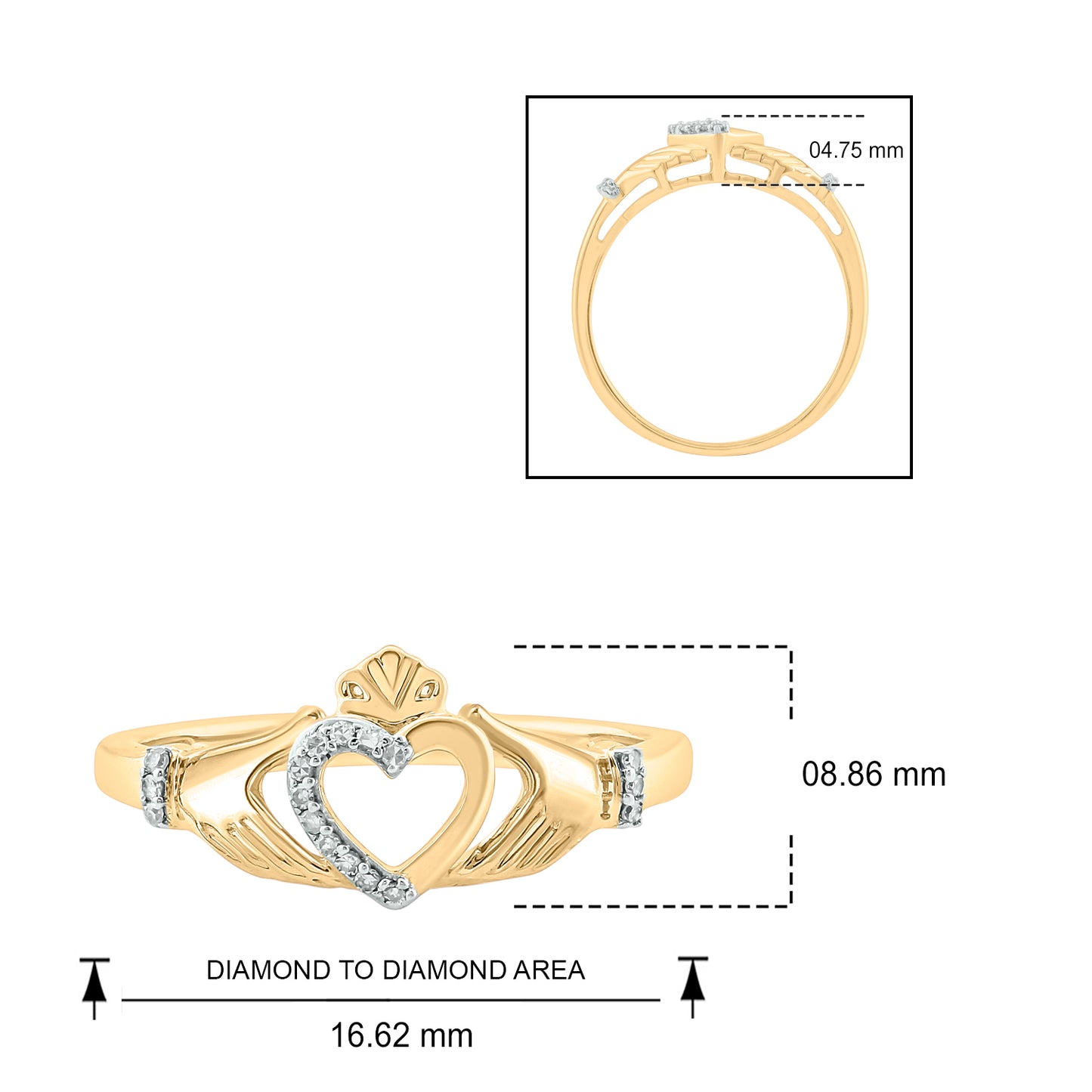 18K Gold Plated Claddagh Diamond Ring in 925 Sterling Silver