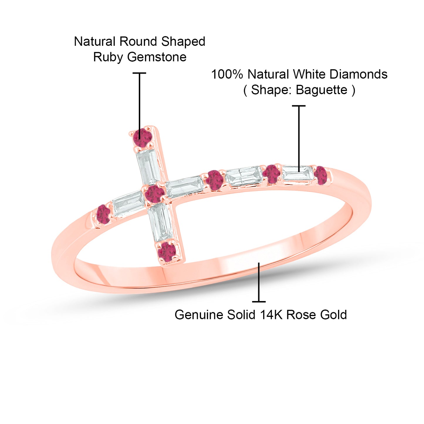 Diamond & Gemstone Cross Ring in 14K Gold- Ruby, Natural Diamonds