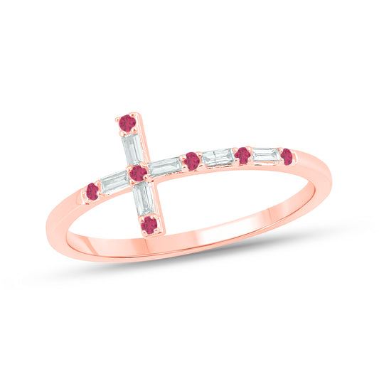 Diamond & Gemstone Cross Ring in 14K Gold- Ruby, Natural Diamonds