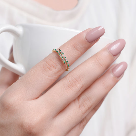 14K Gold Minimal Bypass Ring - Emerald & Natural Diamonds