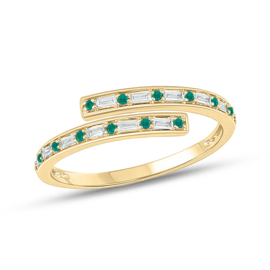 14K Gold Minimal Bypass Ring - Emerald & Natural Diamonds