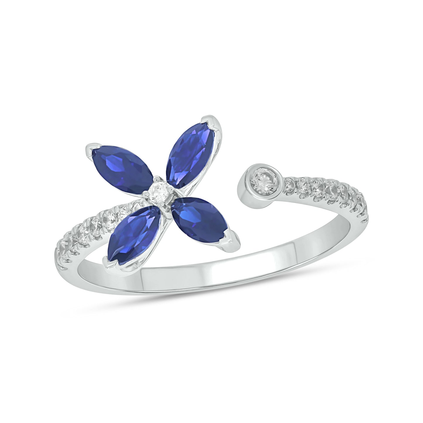 14KT Gold Exqusite Floral Blue Sapphire & Diamond Open Ring