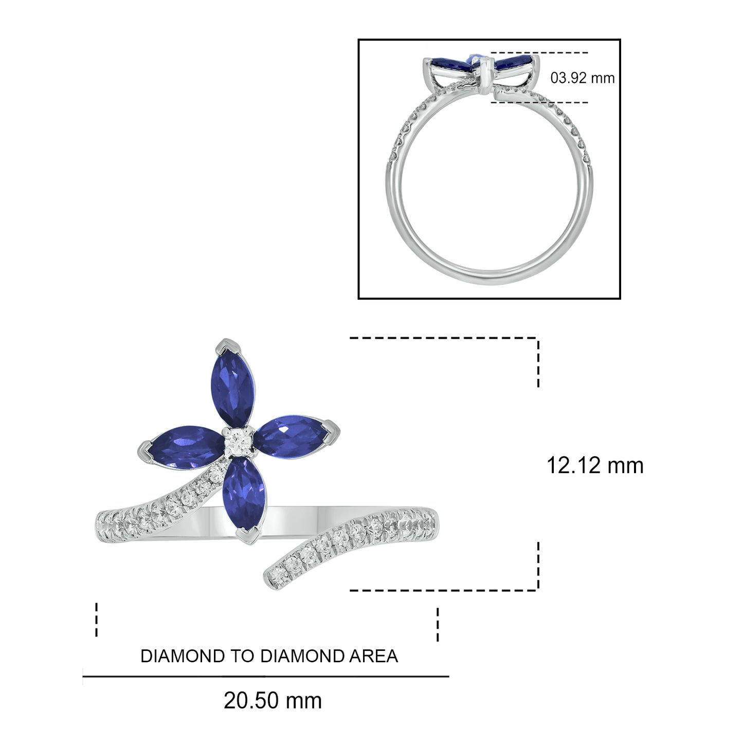 14KT Gold Luxurious Floral Blue Sapphire & Diamond Open Ring