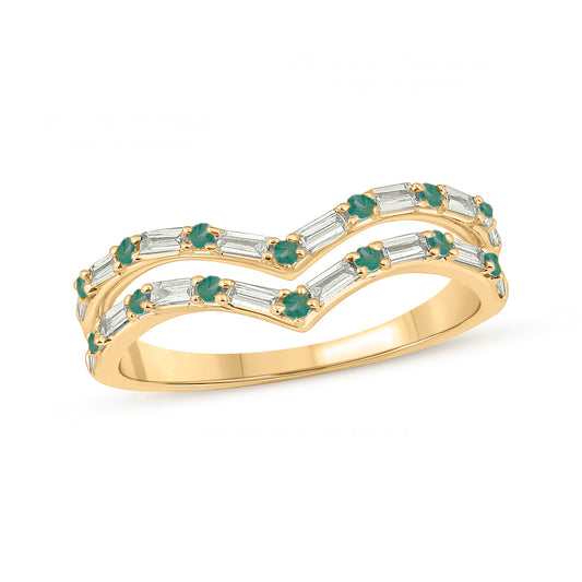 Two Row Emerald  & Diamond Chevron Ring in 14K Gold