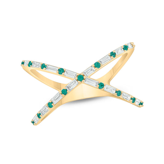 14K gold Criss Cross Emerald & Diamond Ring