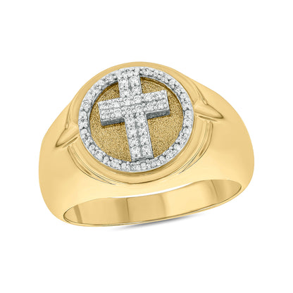 Stylish Signet Cross Diamond Ring in Gold Plated Sterling Silver