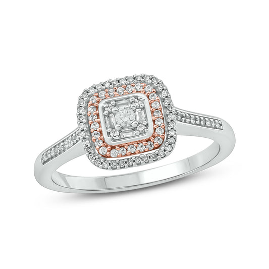 Classic Cushion Shape Promise Ring in 925 Sterling Silver, Round & Baguette Diamonds