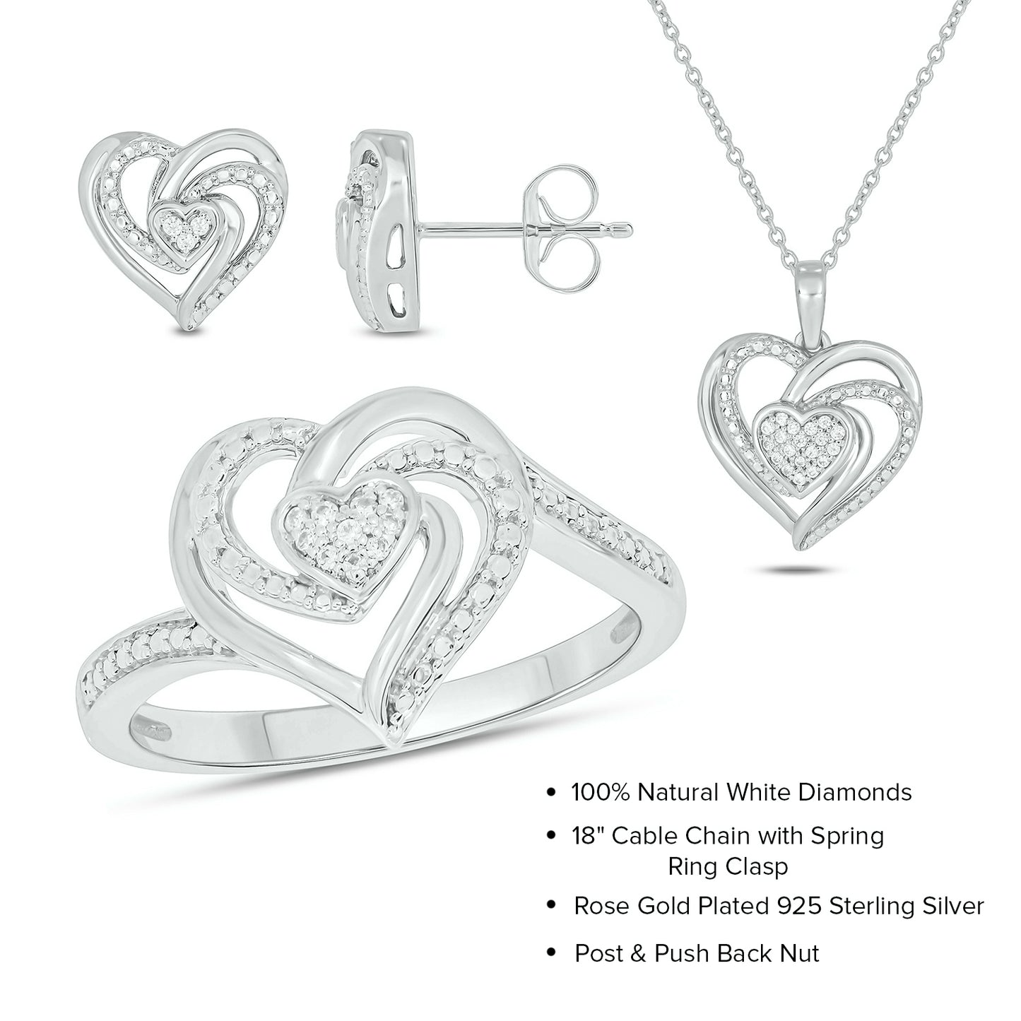 18K Gold Plated, Super Cute Heart Diamond Set in 925 Sterling Silver